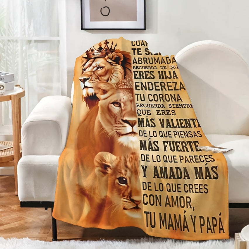 Soft and cozy flannel throw blanket featuring inspirational Spanish quotes from Mom and Dad to their daughter. This versatile blanket is machine washable and perfect for use on the couch, bed, or outdoors.