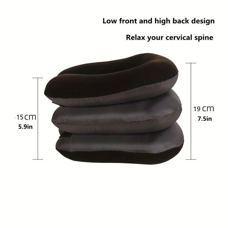 Thick/thin inflatable neck pillow for travel and relaxation with stretch and traction capabilities.