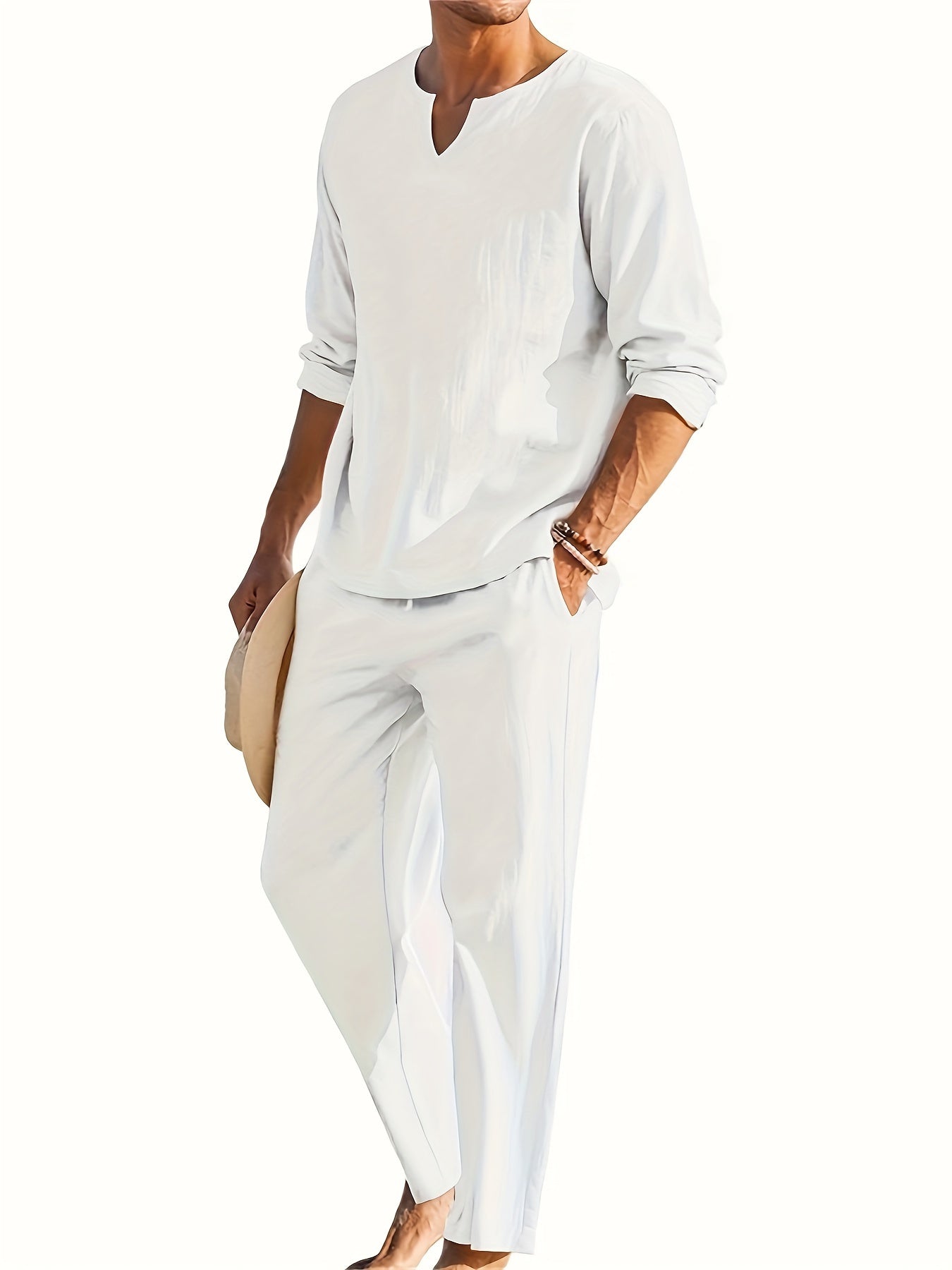 2024 European and American Men's Two-Piece Leisure Set with V-neck Commuting Suit and Solid Color Long Sleeve Trousers.