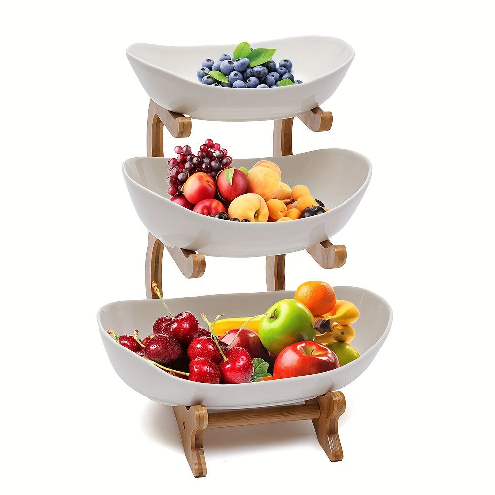 Wooden 3-Tier Fruit Stand for Kitchen Use - No Batteries Needed for Multiple Purposes