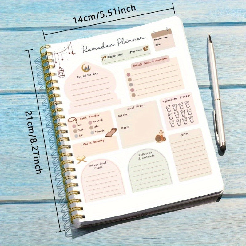 Ramadan planner notebook with crescent design, to-do list, and priorities, available in various sizes and quantities.