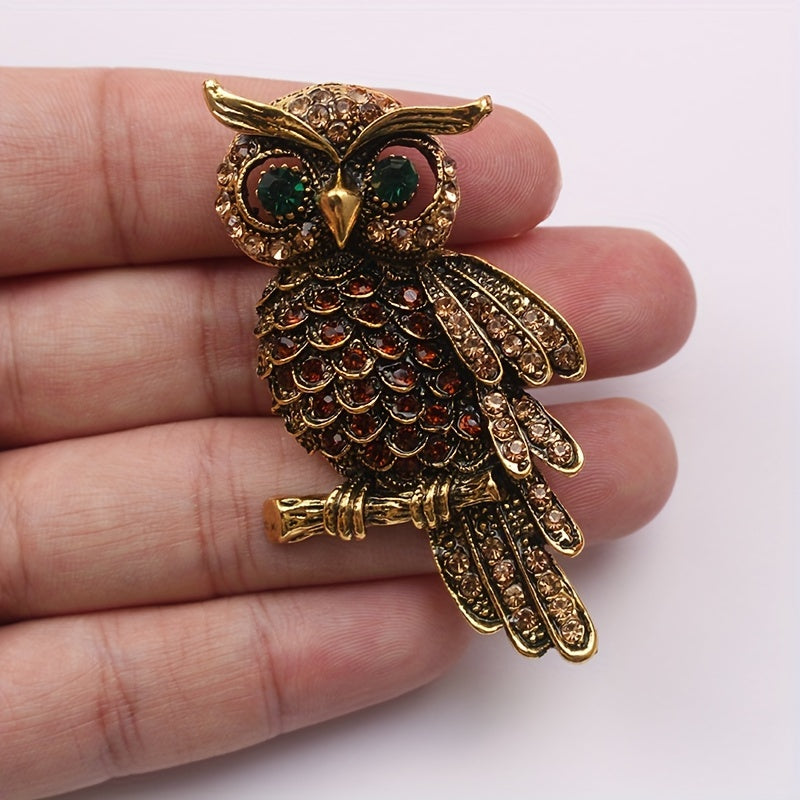 Vintage-Inspired Rhinestone Owl Brooch Pin - Edgy Punk Style Animal-Shaped Jewelry Accessory to Embellish Clothing