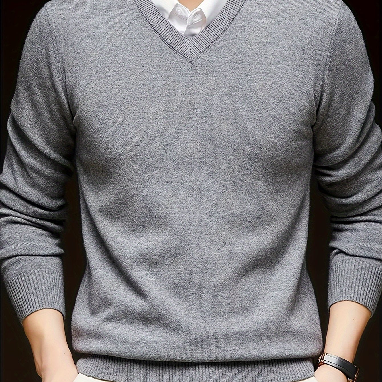 Solid color V-neck knit sweater for men, casual trendy long sleeve pullover, great as a gift.