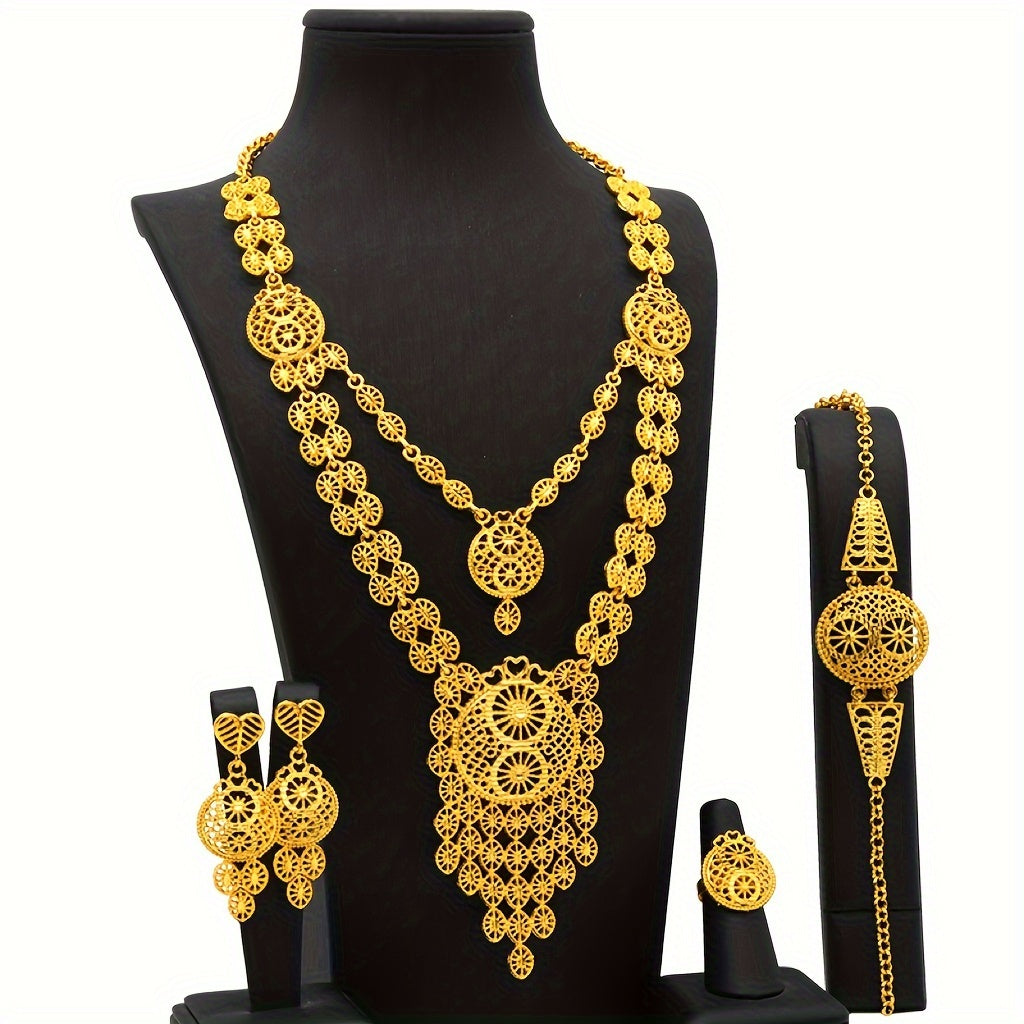 Extravagant 5-Piece Gold-Tone Jewelry Set with Intricate Hollow Carvings - Inspired by Bollywood Fashion, Includes Necklace, Earrings, Bracelet, and Ring - Ideal for Special Occasions like Weddings, Parties, and Ramadan Gifts for Women