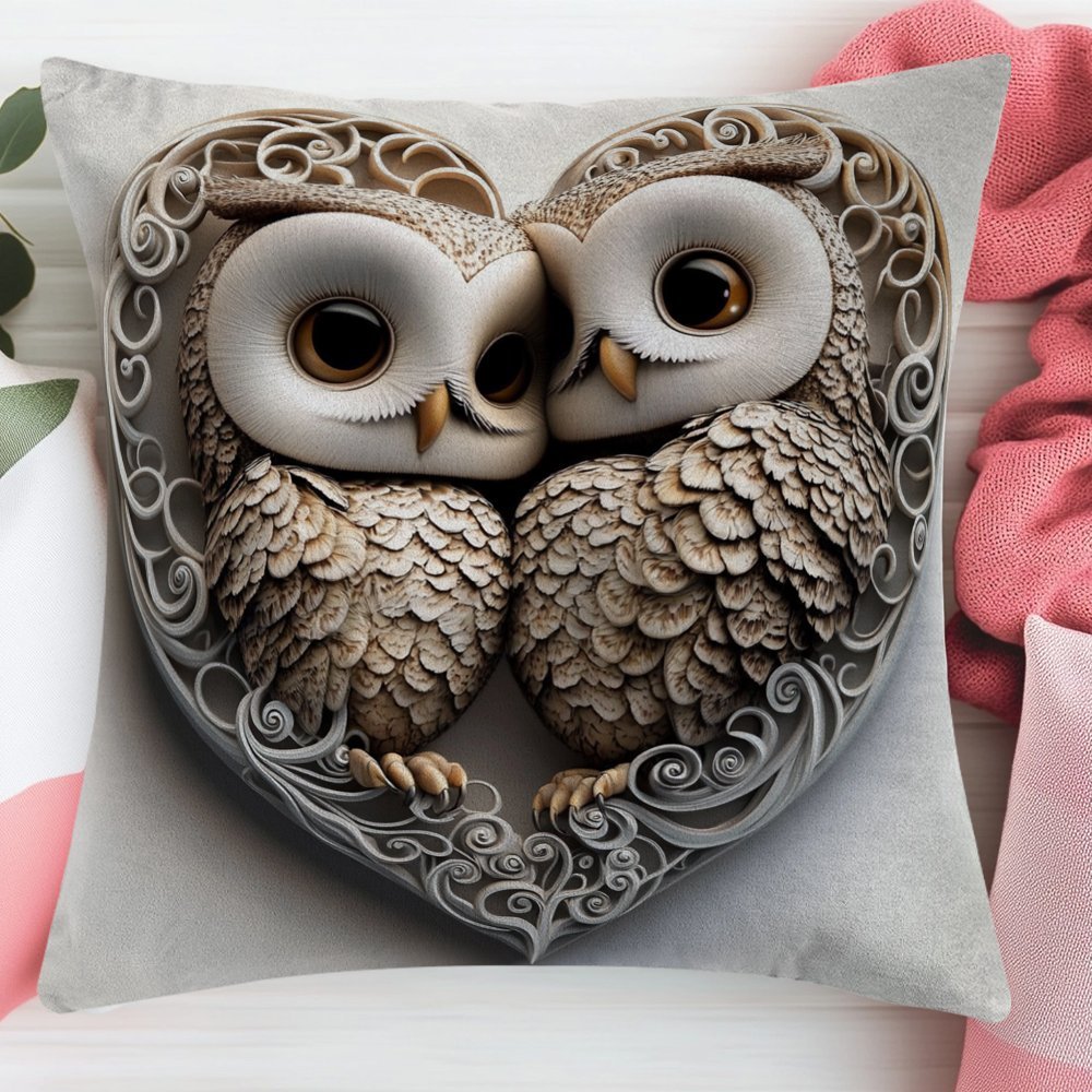 Adorable Owl Valentine's Day Pillow Cover - 45.72x45.72cm, Made of Sturdy Polyester, Easy Zip Closure, Machine Washable - Ideal for Decorating Indoors and Outdoors