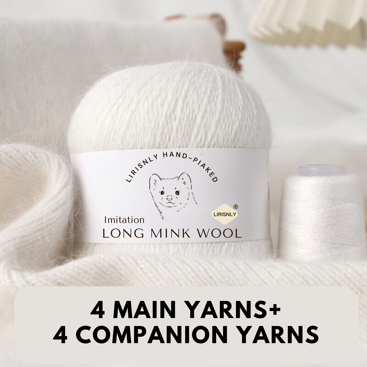 4pcs of faux mink wool and long wool totalling 280g, with 50g faux mink wool and 20g companion thread each. Skin-friendly and warm, suitable for knitting scarves, sweaters, hats, etc.