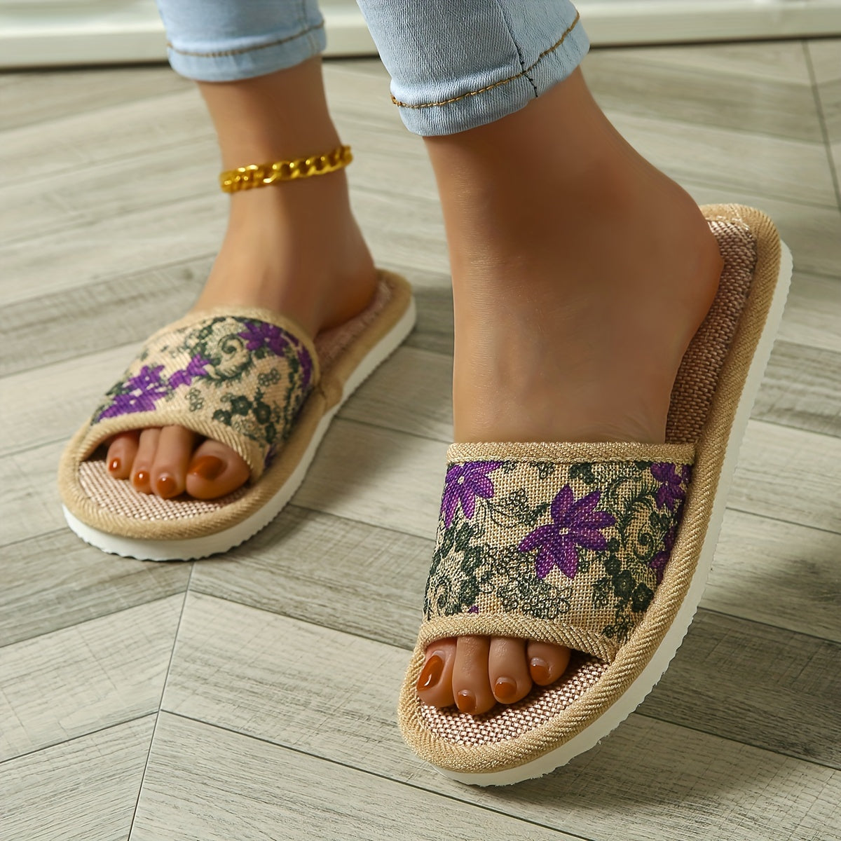 Womens Floral Linen Slippers with Soft Non-slip Sole for Home, Breathable Indoor Wear