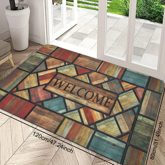 Polyester Non-Slip Welcome Home Door Mat with Vintage Wood Paneling Print - Stain Resistant and Lightweight for Indoor or Outdoor Use, Perfect for Christmas, Thanksgiving, Valentine's Day, Easter, and Graduation - Washable Rectangular Floor Carpet