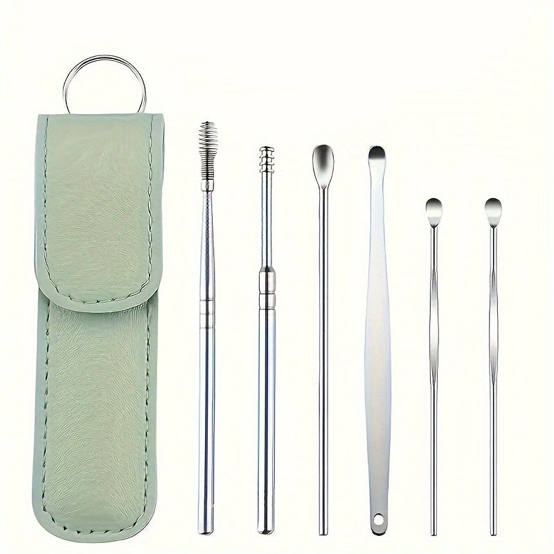 Ear Care Kit with 6 stainless steel ear spoons and storage case for daily cleaning at home or outdoors, no battery needed.