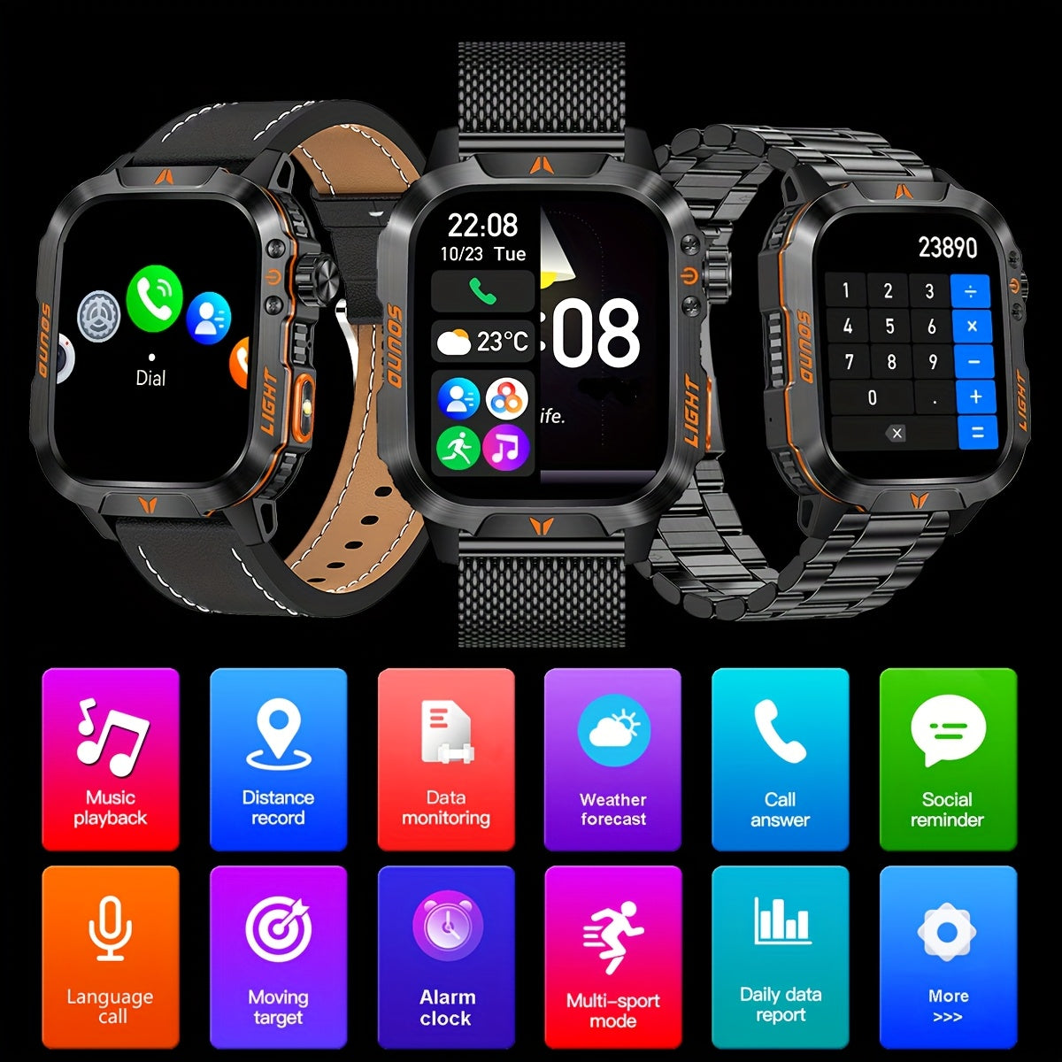 Coiusor Men's Smartwatch: HD Touch Screen, LED Flashlight, 100+ Sports Modes, Dial Support, Calorie & Pedometer Tracker.