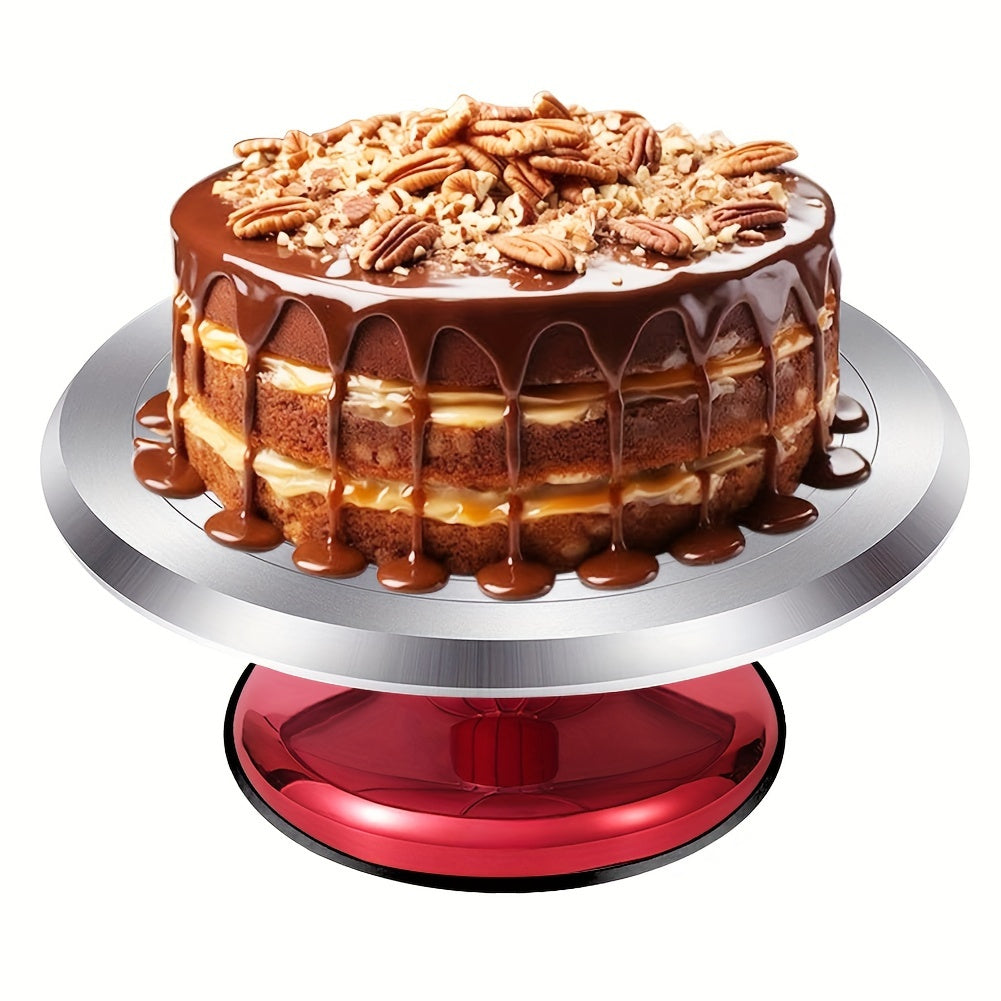 This versatile cake decorating turntable features a golden aluminum alloy surface with an anti-slip plastic base. It can be used for various tasks such as cake decoration, clay sculpting