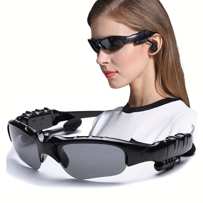 Smart wireless glasses with stereo sound, USB rechargeable, great for driving, cycling, and outdoor activities.