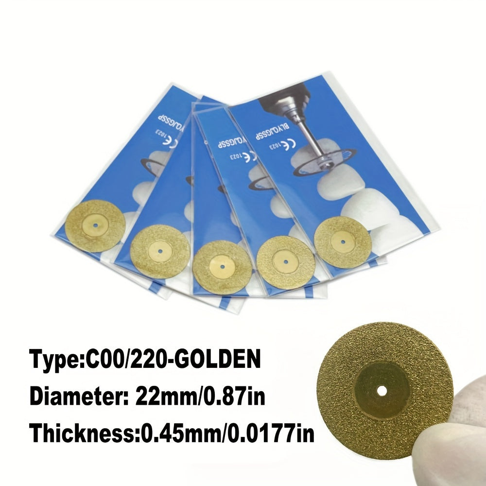 Five dual-sided diamond cutting discs for dental labs, in silver or golden, for high precision grinding and polishing.