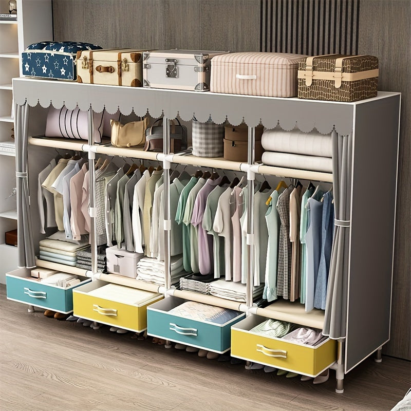 This modern and sturdy wardrobe is perfect for rental housing and dormitories. It features a simple design with 3 storage drawers and 3 hanging clothes poles, making it a durable and practical choice. The steel pipe reinforcement adds extra stability to