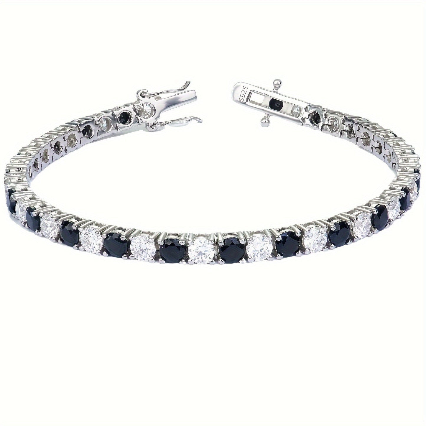 Tennis bracelet made of S925 sterling silver and plated with 18K gold, set with synthetic Moissanite stones in a 4mm two-tone black and white design. Featuring December birthstone, perfect for a sexy vacation style or music festival party. An ideal