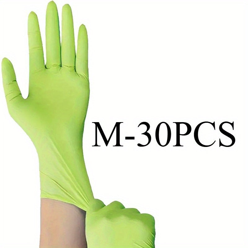 Grass Green Nitrile Gloves, available in packs of 30, 50 or 100. These disposable gloves are ideal for a variety of tasks including food processing, cleaning, pet bathing, dishwashing, hairdressing, nail art, DIY projects, and household kitchen and