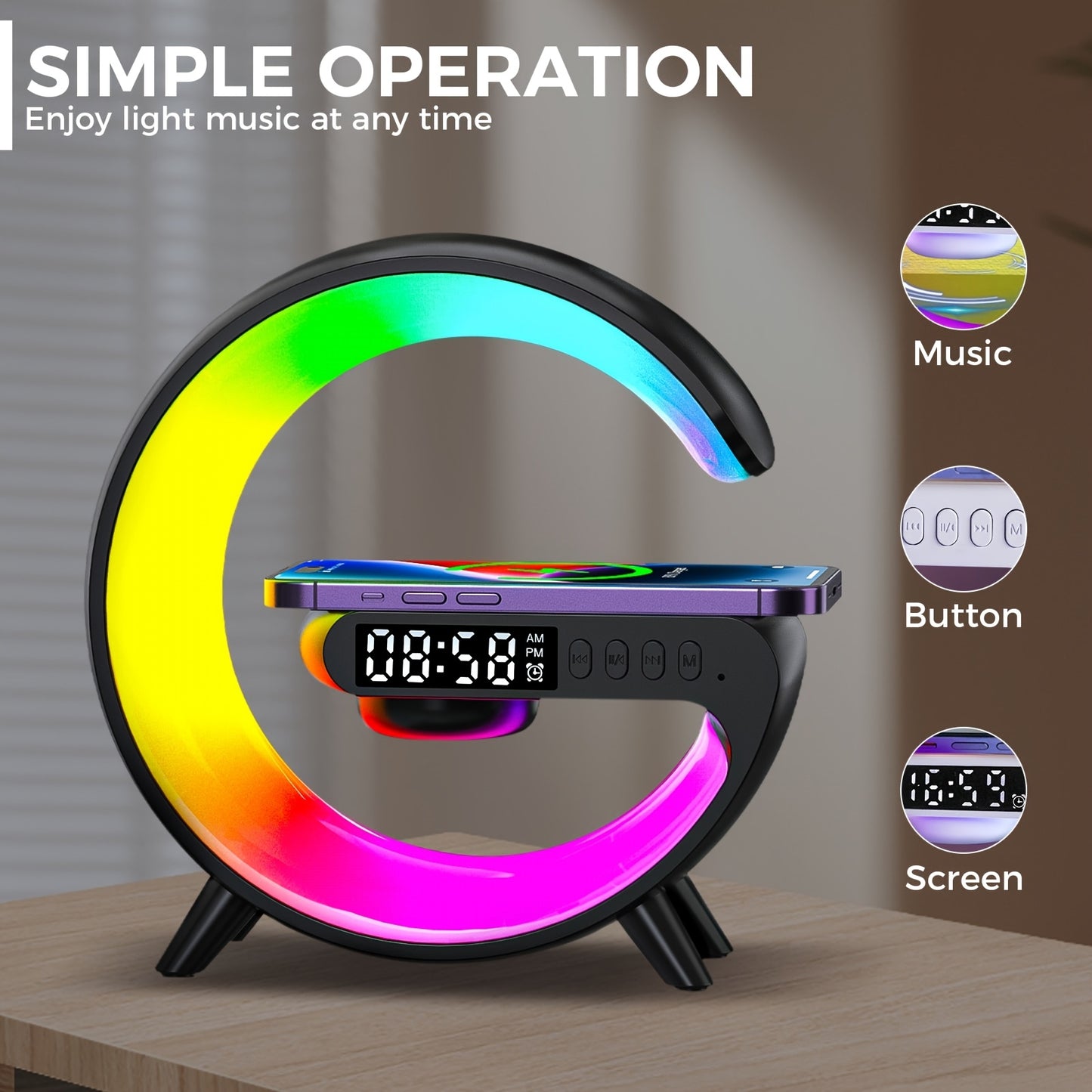 CyberDyer Smart Table Light with Sunrise Alarm Clock, Night Light Charging Station, Wireless Speaker, and Desktop Decoration Atmosphere Lamp - a perfect gift for any occasion.