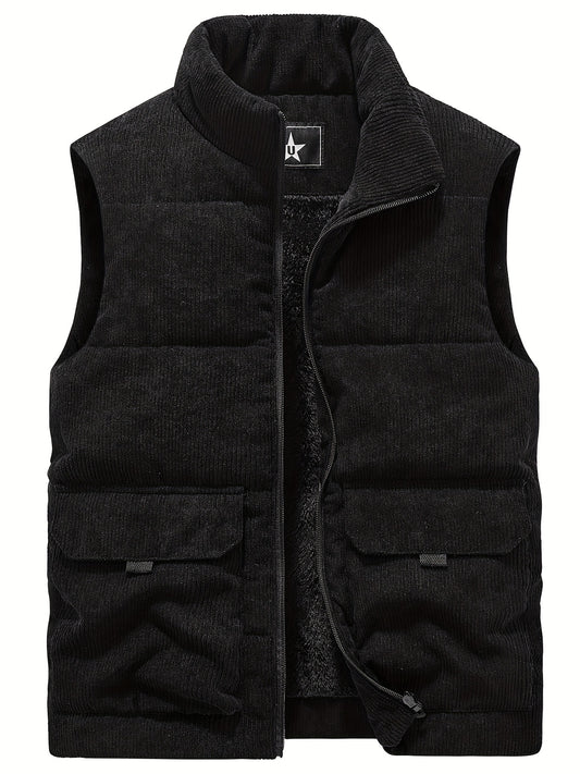 JPDUN Men's Winter Vest, Casual Stand Collar, Thick Plush Polyester, Solid Color, Multi-Pocket Outdoor Workwear, Warm Camisole Jacket, Loose Fit, Woven, Non-Stretch.