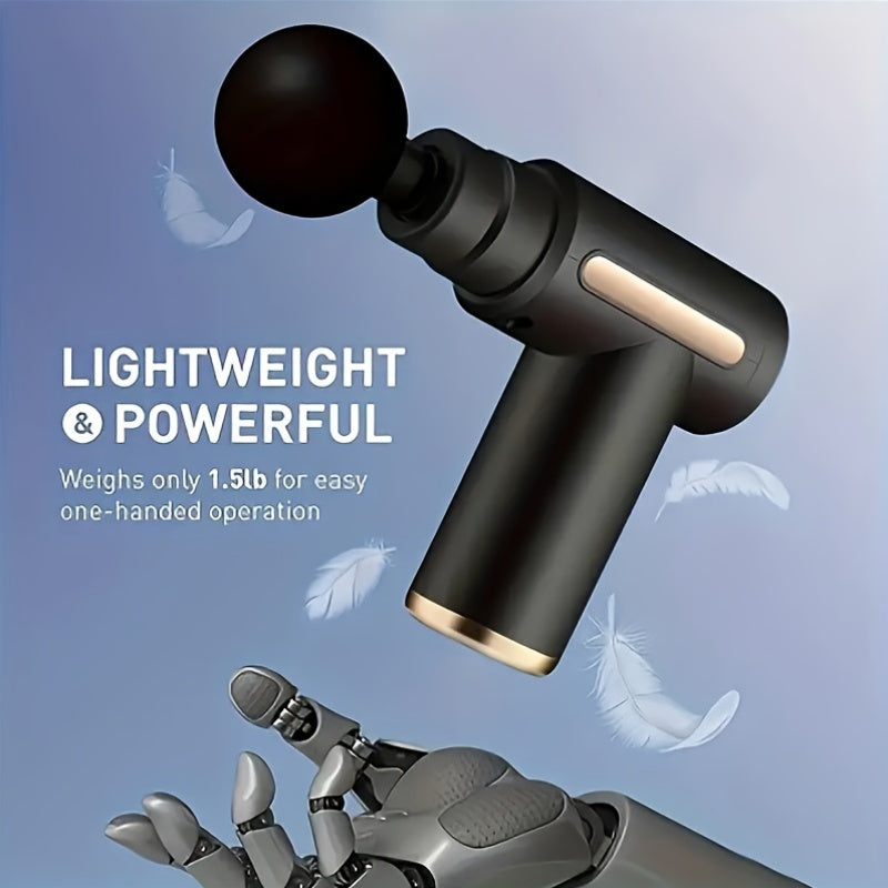 Compact and powerful black massage gun with 4 heads, high-intensity vibration, and rechargeable design - ideal for back and neck muscle relief. Great gift for parents.