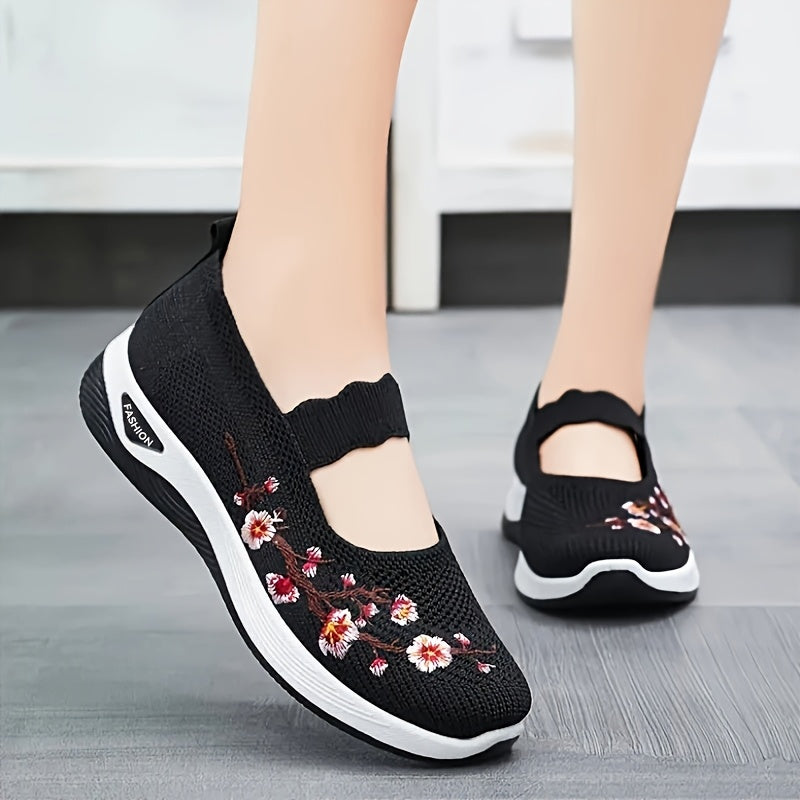 Women's Breathable Knit Sneakers with Floral Design, Non-Slip Sole, Lightweight, in Multiple Colors.