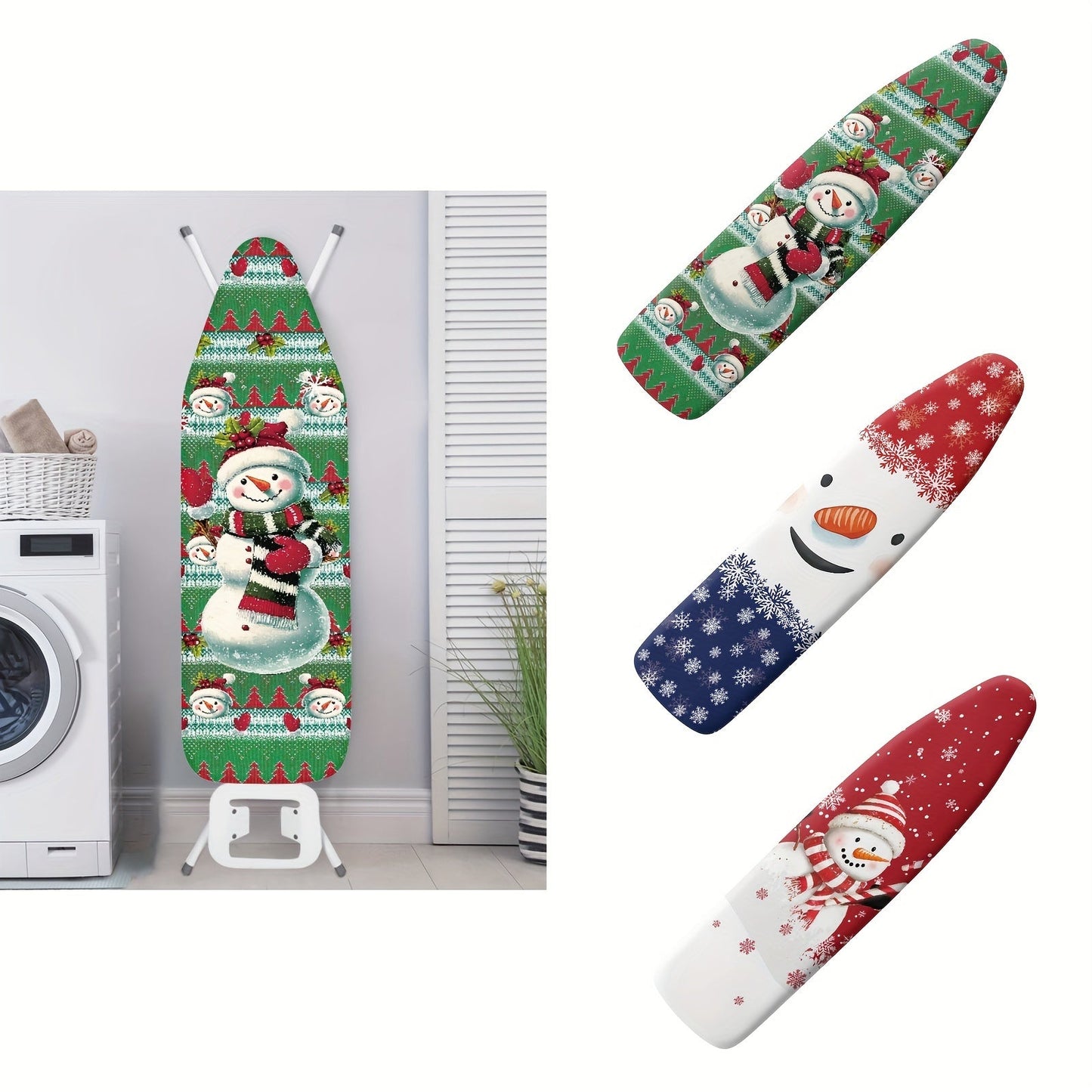 Protective Christmas snowman print ironing board cover for standard size boards, featuring a dust-proof and stain-resistant cloth. Add a cute holiday decor touch to your ironing routine.