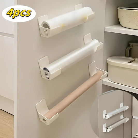 Get 4 Easy-to-Install Kitchen Storage Racks for No-Drill convenience - Versatile Plastic Organizers for Cling Film, Garbage Bags, and More - Perfect for Cabinet Doors and Refrigerator Sides - Keep Essentials Tidy and Handy with these Kitchen Storage