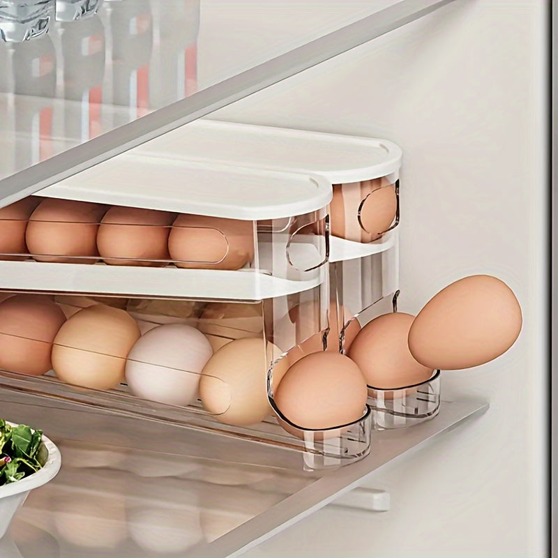 Introducing a convenient Double-Layer Transparent Automatic Rolling Egg Holder, perfect for the side door of your refrigerator. This innovative design makes accessing eggs a breeze, while also freeing up valuable space in your fridge. Versatile enough to