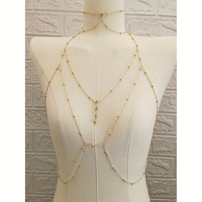 Golden-tone beaded body chain necklace with rhinestone detailing, perfect for parties and dates, versatile for all seasons.