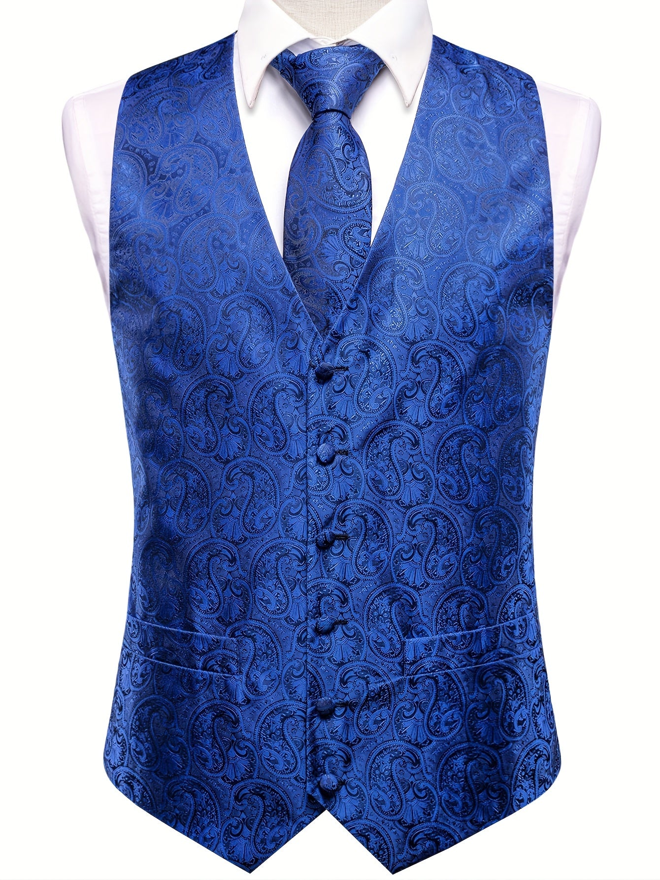 Stylish paisley suit vest set with matching accessories for plus size men.