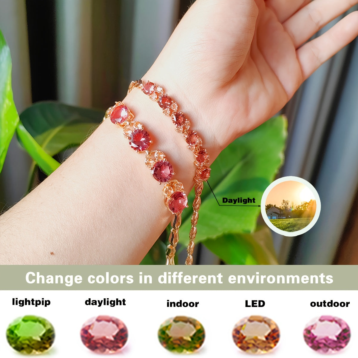 Discover the stunning MEETMAY Color-Changing Synthetic Sultanite Diaspore Bracelet - Ideal for Weddings, Parties, and Everyday Glamour. This versatile round bracelet dazzles in different lighting, making it perfect for any occasion. Elevate your jewelry