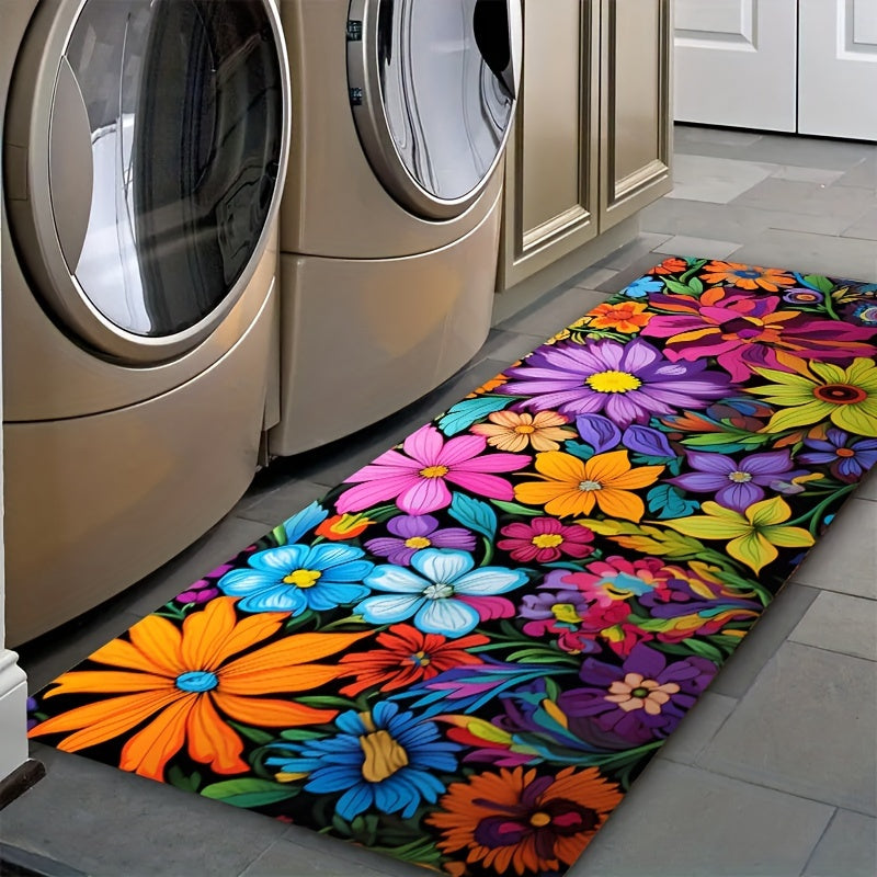 This Vibrant Floral Kitchen Mat is 1 piece, measuring 0.8mm thick. It is soft and thickened, making it perfect for use in the laundry room, bathroom, living room, or bedroom. The mat features a colorful flowers design and is made of 100% polyester. It is