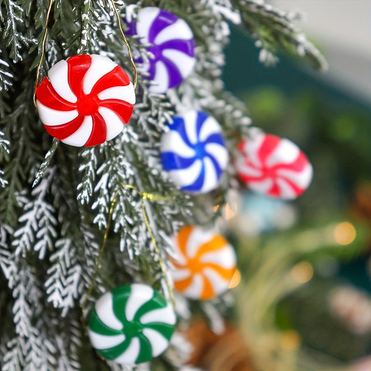 Christmas tree decorations in red and white, including peppermint candy cane charms, available in packs of 10, 30, or 50. Perfect for DIY decorating and giving as New Year gifts.