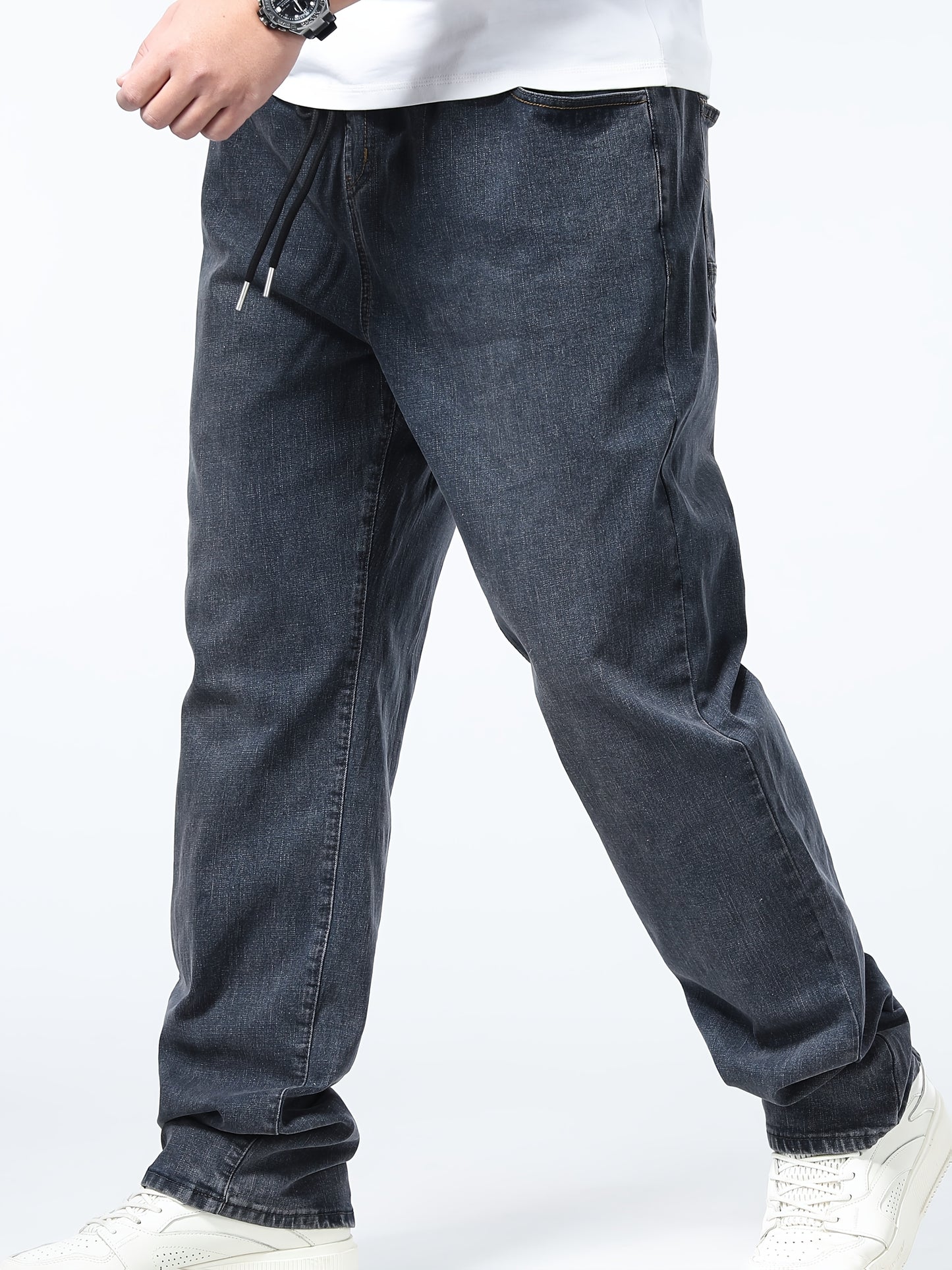 Plus Size Men's Casual Jeans with Loose Fit, Straight Leg, Elastic Waistband, Rayon Blend Denim