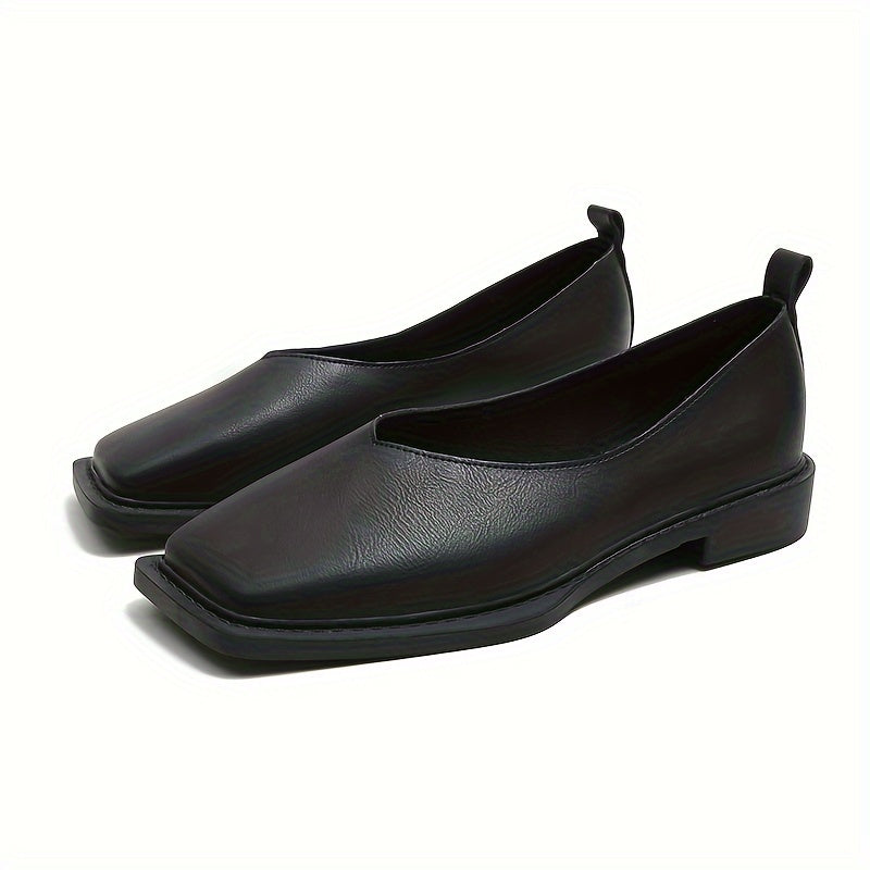 Women's slip on flat shoes with square toe in solid color for casual, comfortable wear.