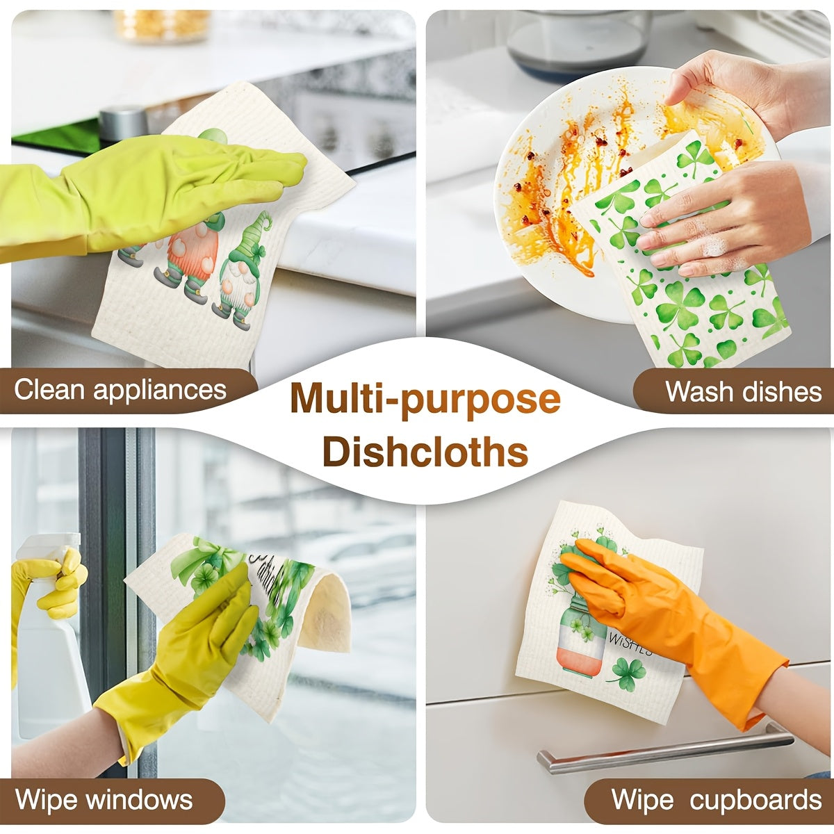 Six-Pack of St. Patrick's Day Kitchen Towels made from Reusable Wood Pulp Fiber. Features Cartoon Gnomes and Clover Print, Square Shape, Fade Resistant, Non-Textile Weaving. Perfect for Kitchen Use as Dishwashing Cloths.