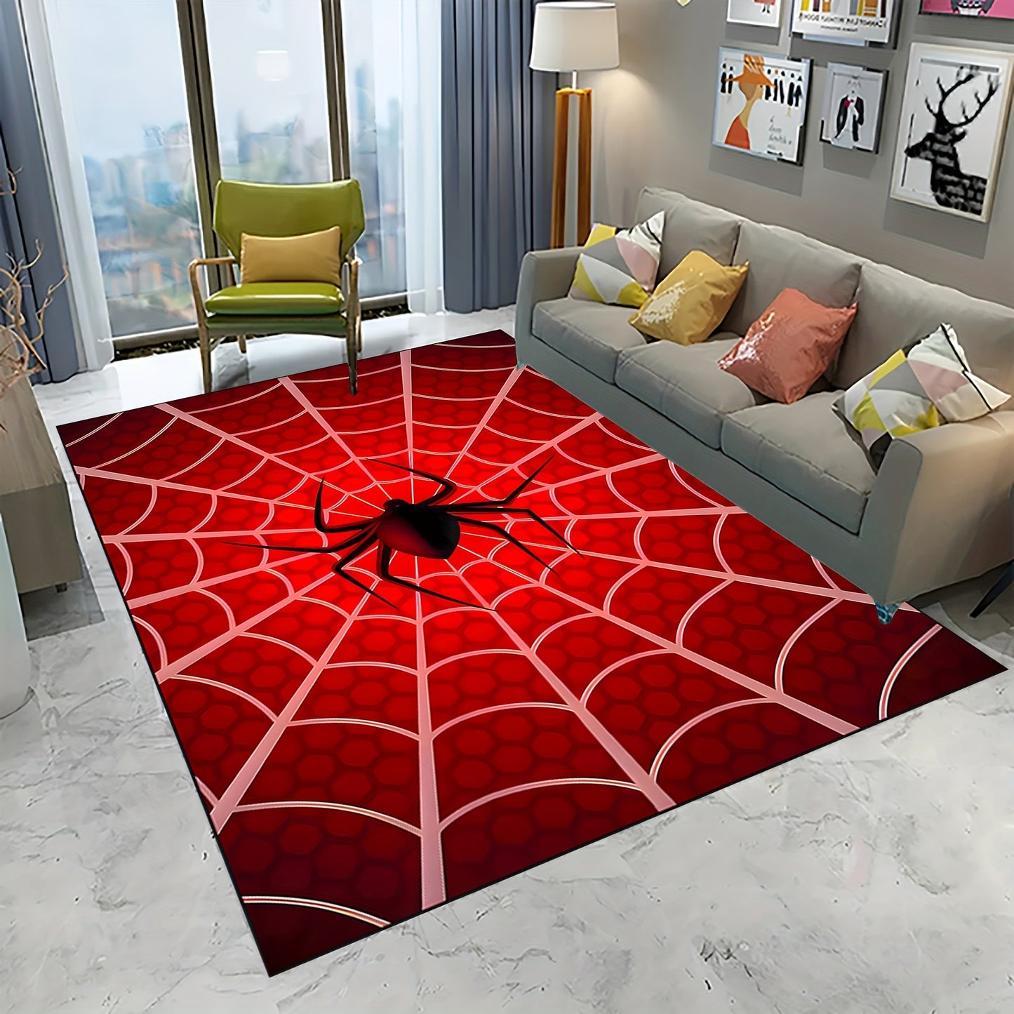 Enhance your space with the 3D Visual Spider Web Pattern Area Rug. This stylish and durable polyester fiber carpet is anti-slip and washable, making it perfect for use in the living room, bedroom, or gaming room. It is an ideal decoration for a boy's