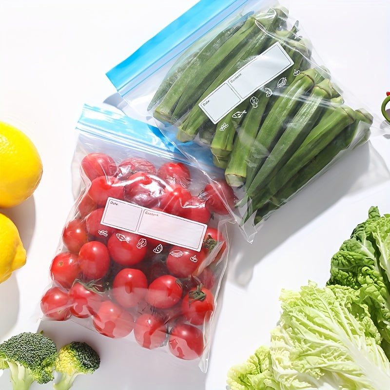 Storage bags with zippers, designed for freshness and organization. Perfect for storing fruits, grains, vegetables, and meat. Ideal for preserving food and keeping the kitchen organized. Includes 15/25/30/70 pieces of bags. Great kitchen accessory.