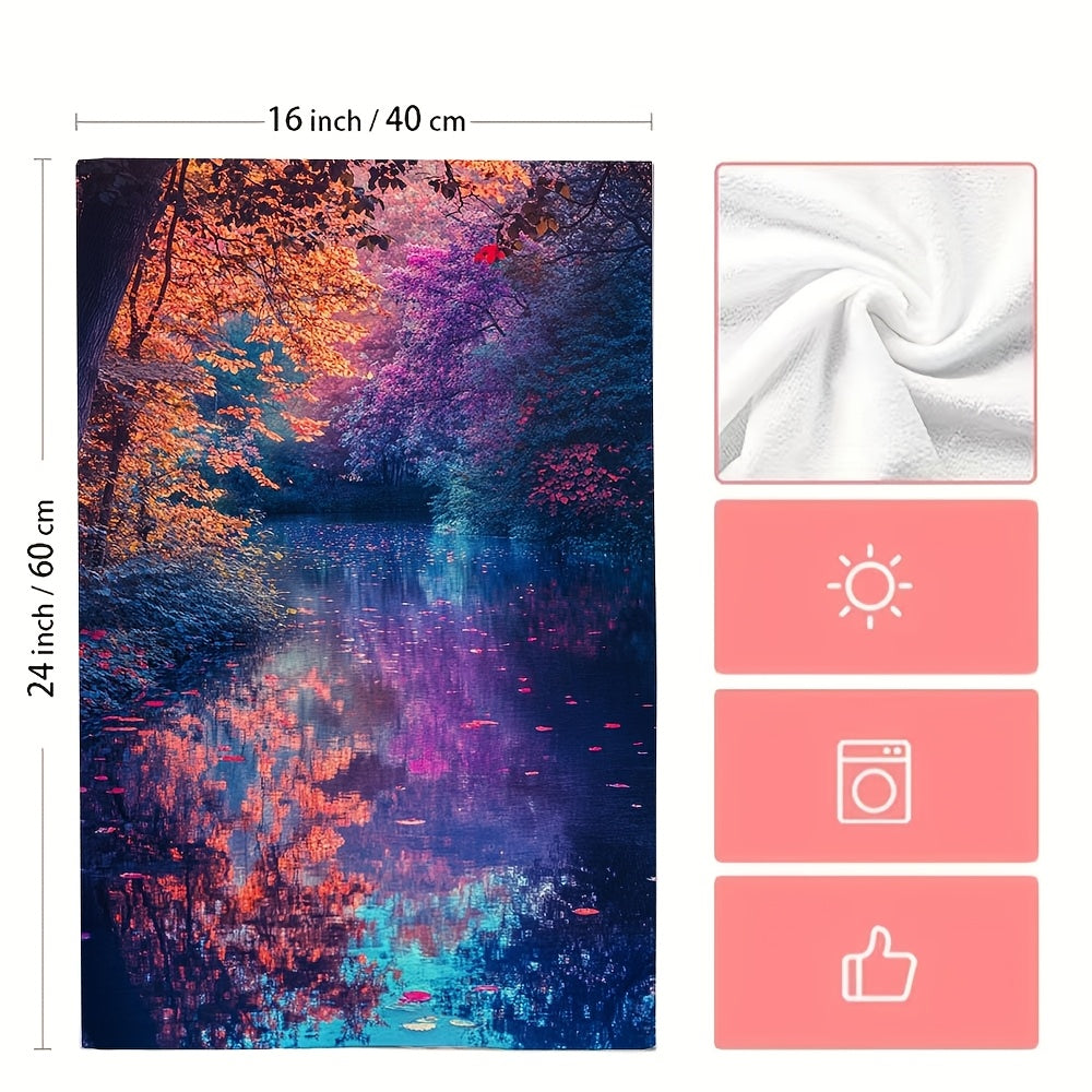 2 Ultra Soft Kitchen Towels featuring a Vibrant Autumn River Scene - Highly Absorbent, Machine Washable Dish Hand Towels, measuring 40.64x60.96 cm - Perfect for Holiday Decor and as Dish Towels.