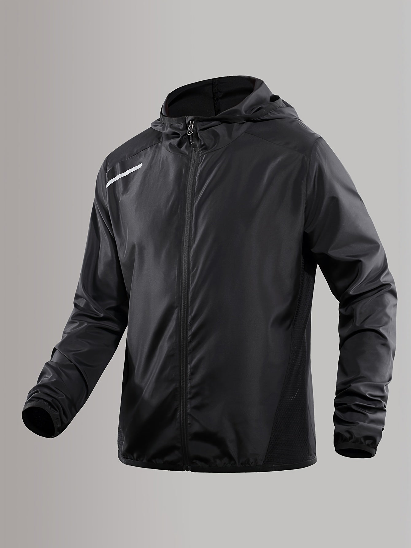 Men's lightweight windproof hooded jacket with reflective straps and mesh panels, ideal for outdoor activities. Features geometric pattern, made from woven fabric with 92% polyamide and 8%