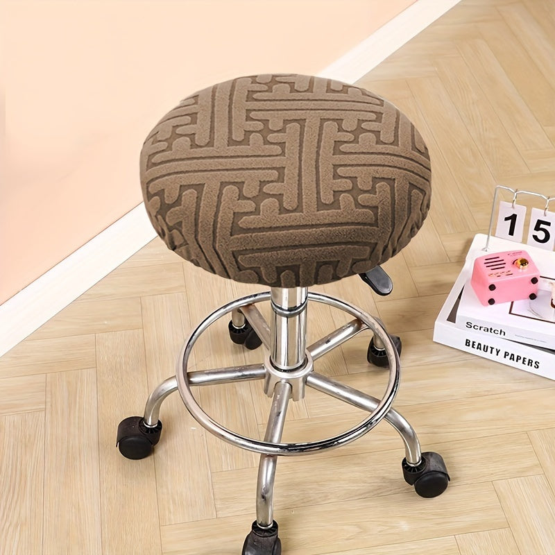 Modern round stool cover with geometric patterns, ideal for bar chairs and countertops. Beige, elastic, dustproof, machine washable polyester blend fabric.