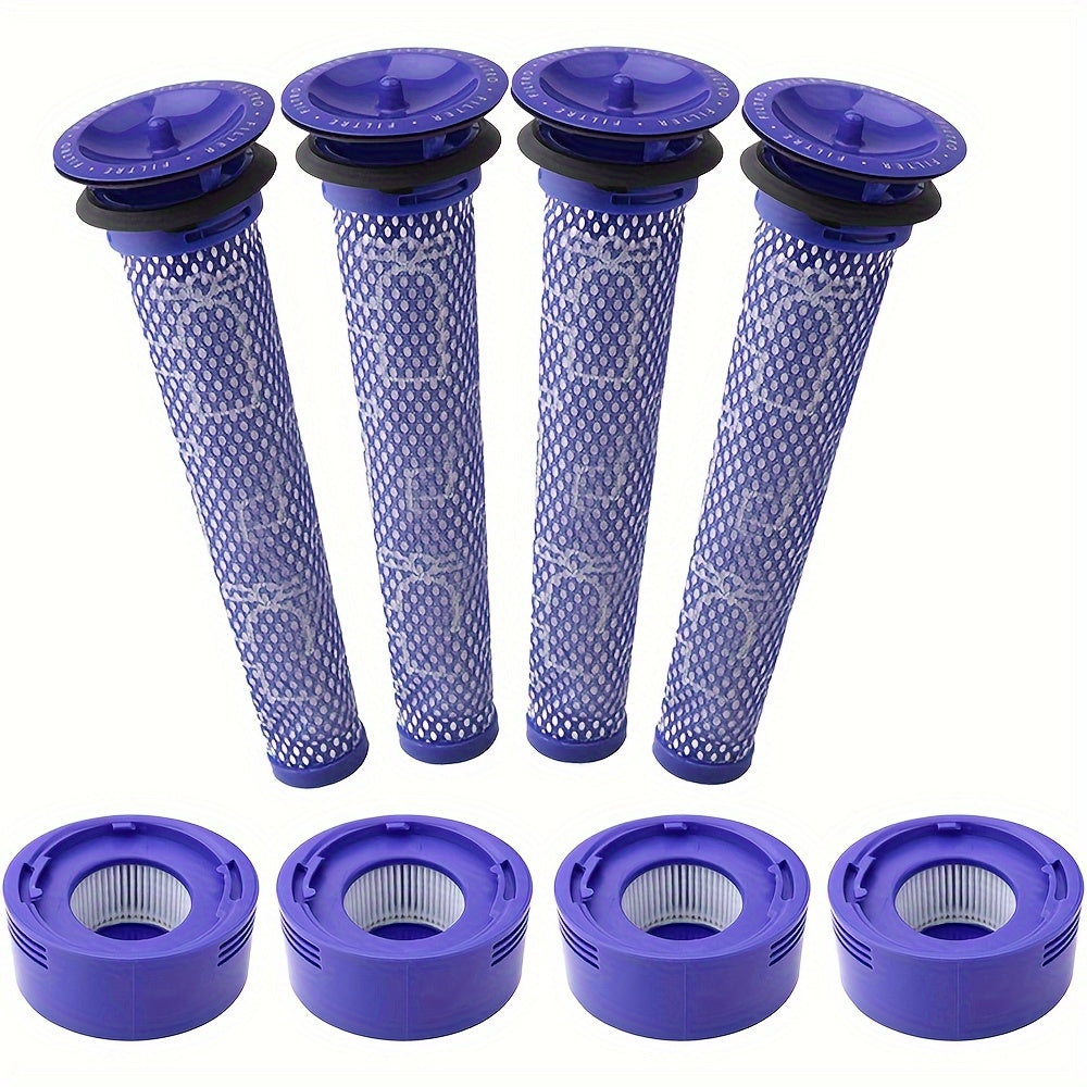 Get 8 replacement filters for Dyson V7, V8 Animal, and Absolute vacuums. These filters can be compared to parts 965661-01 and 967478-01 and include 4 pre-filters and 4 post-filters.