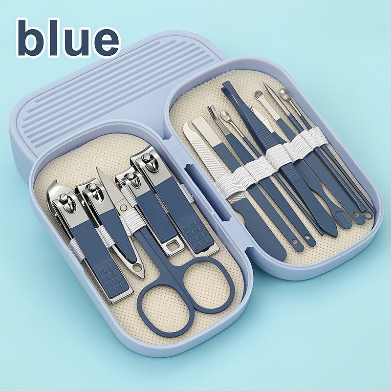 Portable nail clipper set for men and women, made with high-quality carbon steel blades and a concave edge. Includes storage case and complete fingernail and toenail grooming kit.