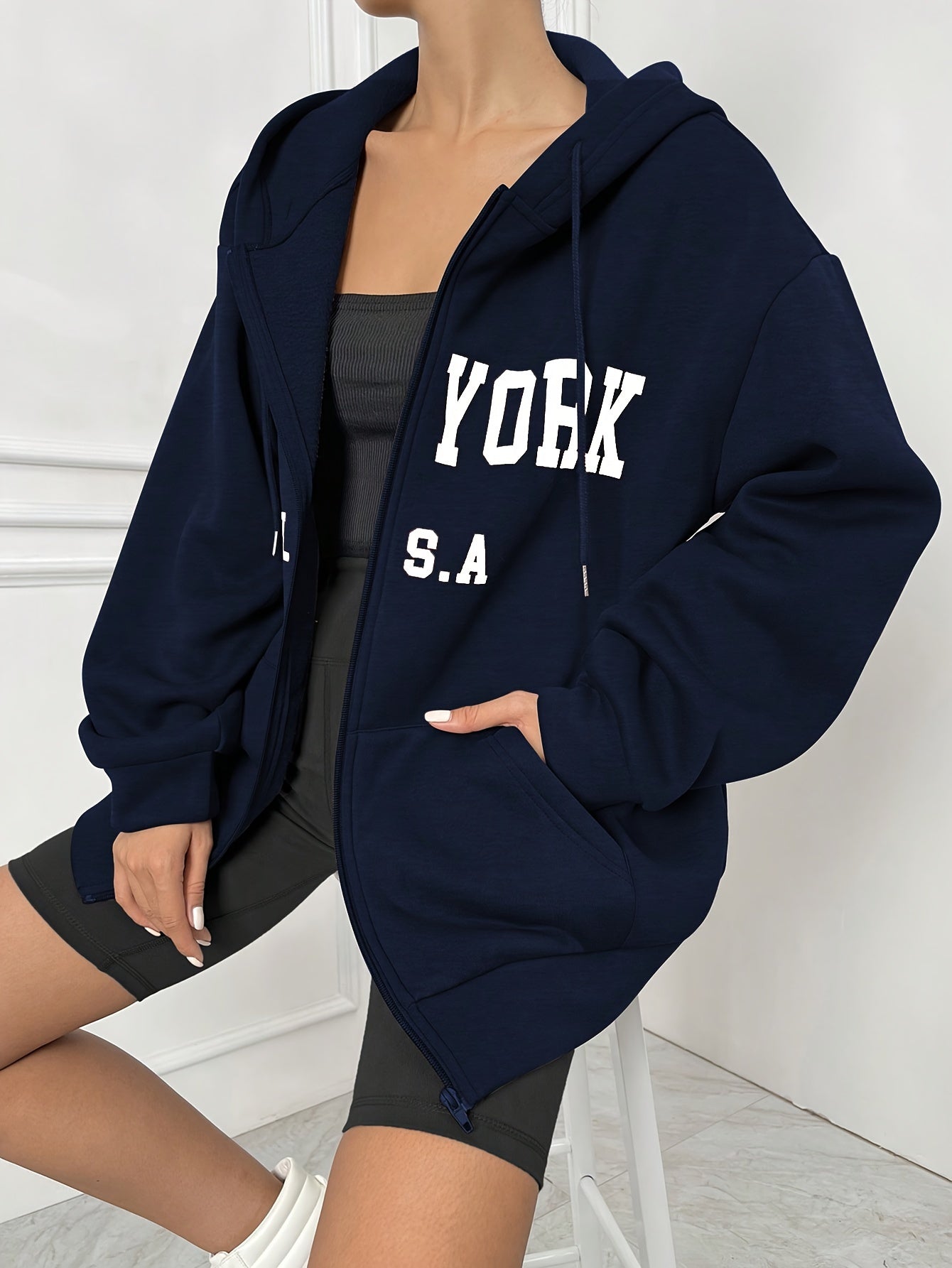 NEW YORK Print Zip Front Hoodie with Kangaroo Pocket