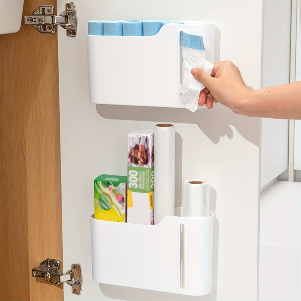 Get organized with the 1pc Plastic Bag Holder! This wall-mounted Garbage Bag Storage Box is a multifunctional Trash Bag Dispenser perfect for storing plastic wrap and roll paper in your kitchen and bathroom. Keep your home tidy with this handy organizer