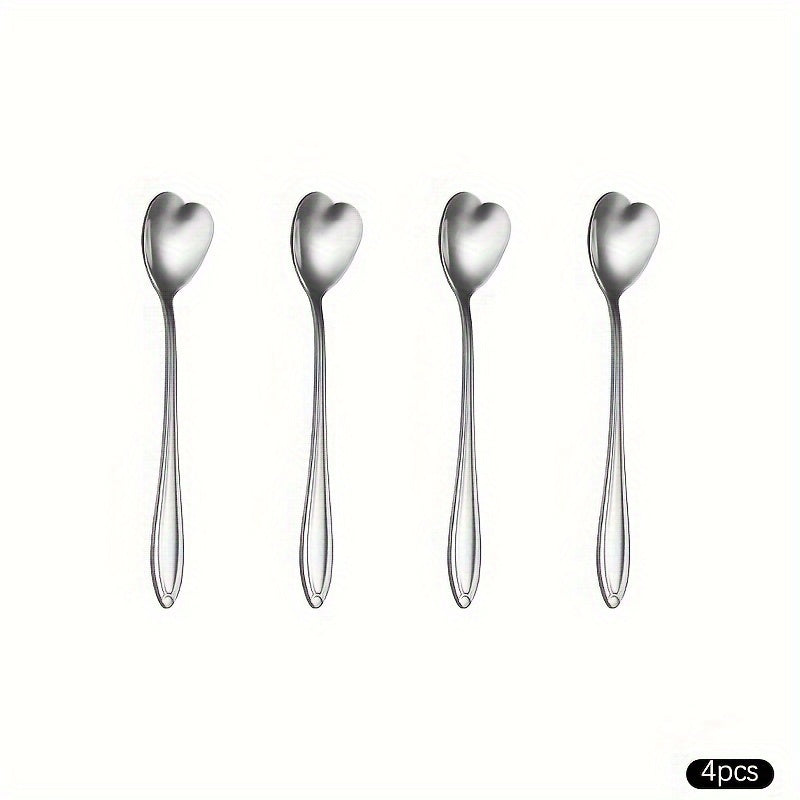 Valentine's Day Couple Korean Style Love Ice Spoon Set, 4 piece and 8 piece options, made of stainless steel. Features long handles perfect for mixing milk tea, honey, coffee, or desserts. Creative design adds a touch of style to your kitchen.