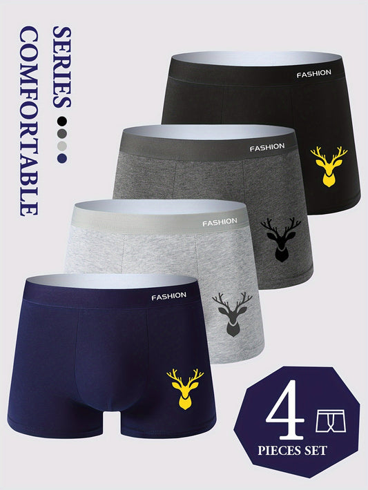 4 men's boxer briefs with fashionable prints, comfortable waistband, and breathable fabric made of 92% polyester and 8% spandex.