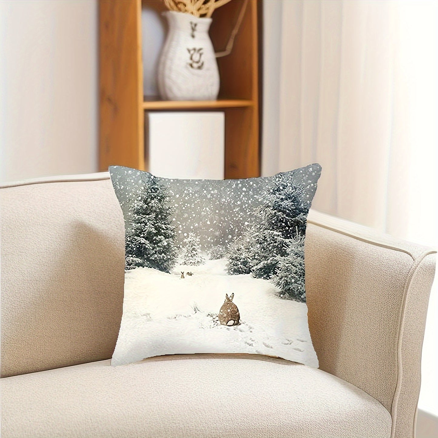 1pc Christmas pillowcase featuring a snow-capped winter landscape with a rustic pine white rabbit design, ideal for farmhouse-style home décor in bedrooms, living rooms, sofas, terraces, and porches. Measures 45.72 * 45.72 cm and does not include pillow