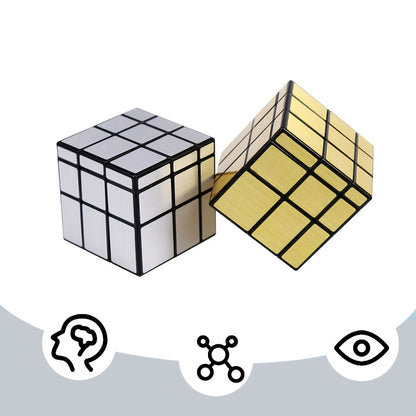 3x3 Mirror Cube with silvery and golden color options, suitable for competitions and daily fun, easy to learn, smooth, durable, and lightweight.