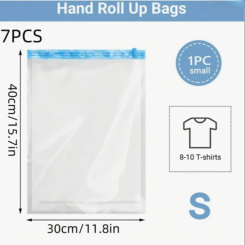 Pack of 7 Compression Bags - Save Space without the Need for a Vacuum or Pump! Easy-to-use Hand Roll Storage Bags for Travel Enthusiasts. Ideal for storing both dry and wet items compactly. Travel with ease and confidence!