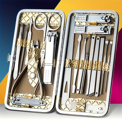 Professional 19-piece stainless steel nail care set for manicures and pedicures, includes cuticle nippers, clippers, files, and grooming tools. Ideal for precision trimming and shaping